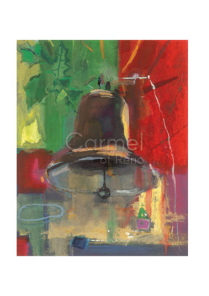 Illustration of a Christmas bell against a red and green background