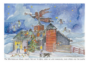 Painting of an angel weathervane over a village.