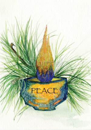 Painting of a single candle, with the word "peace" imprinted on the front.