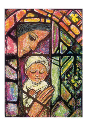 Painting of a stainglass rendition of Mary and the baby Jesus