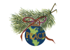 Painting of a globe Christmas ornament, with the word "Peace" on it.