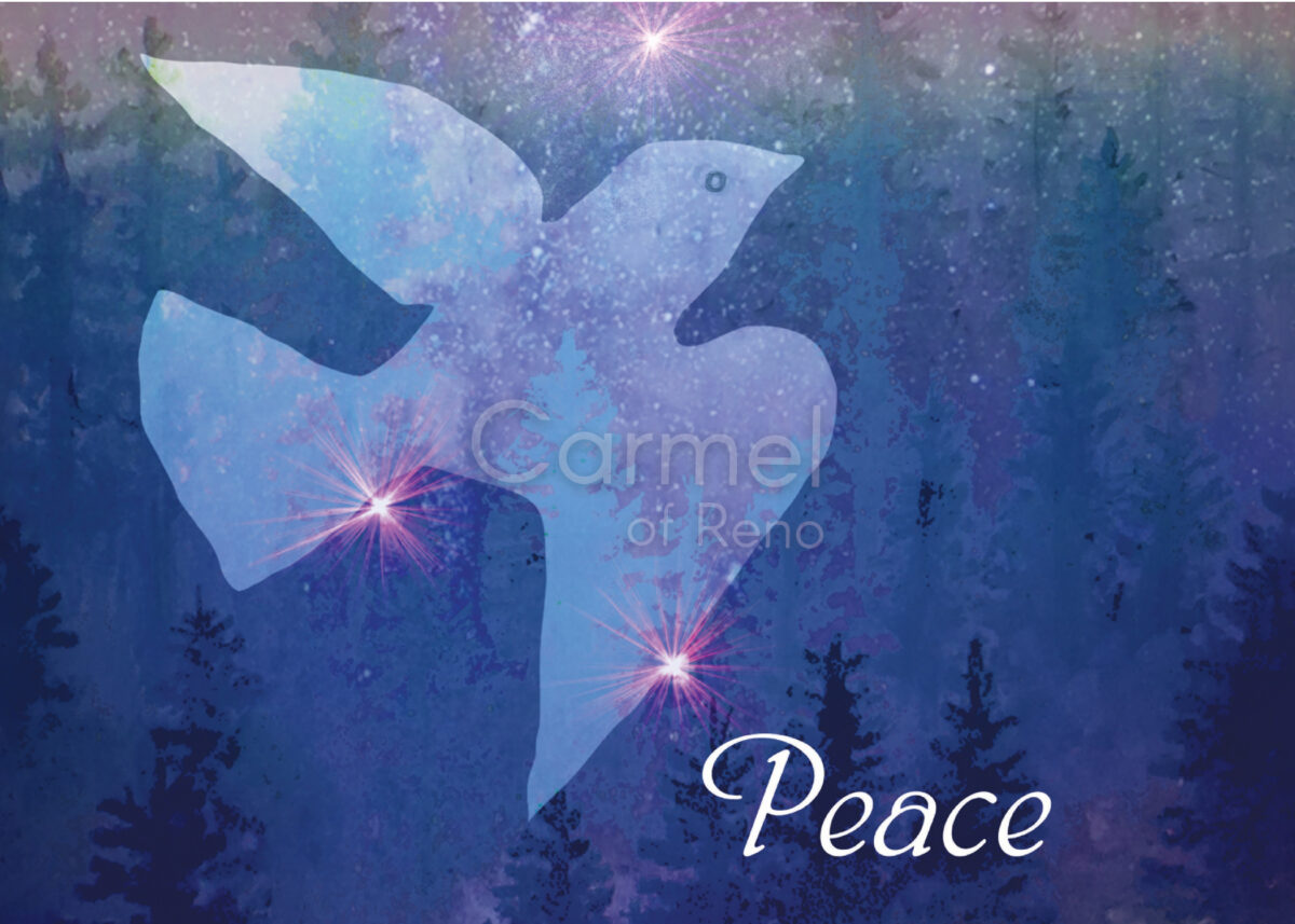 Illustration of a dove over the word: Peace