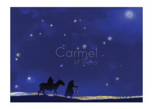 Painting of Joseph and Mary traveling to Bethlehem at night.