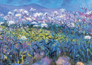 Painting of a field of daisies in the mountains.