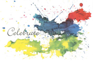 Paint splatters under the word: Celebrate