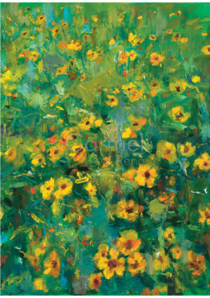 Painting of yellow flowers in a field.