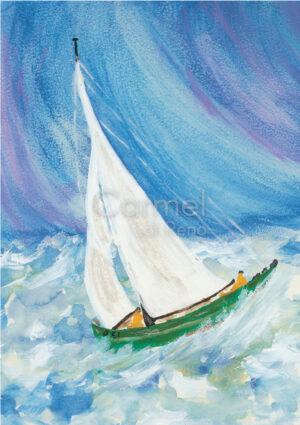Painting of a sailboat on the water.