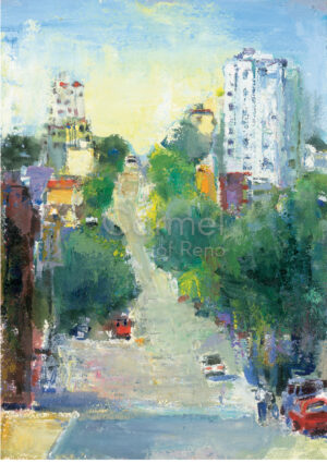 Watercolor painting of a hill in San Francisco, surrounded by town houses.