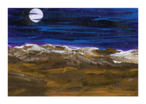 Painting of a desert under a full moon.