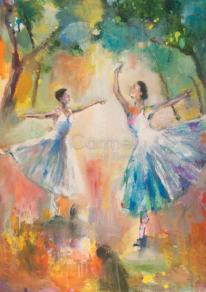 Watercolor illustration of two young ballet dancers