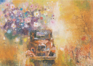 Painted illustration of an old truck on a beige background.