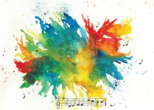 Painting of abstract colors with a music note at the bottom