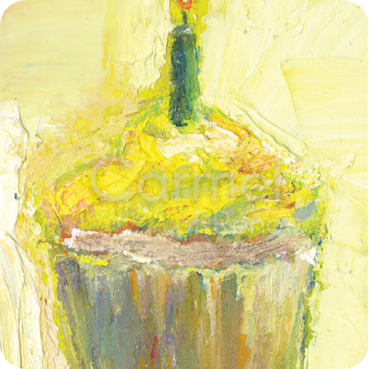 Yellow birthday cupcake on a yellow background