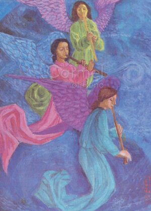 Painting of angels playing in the sky.