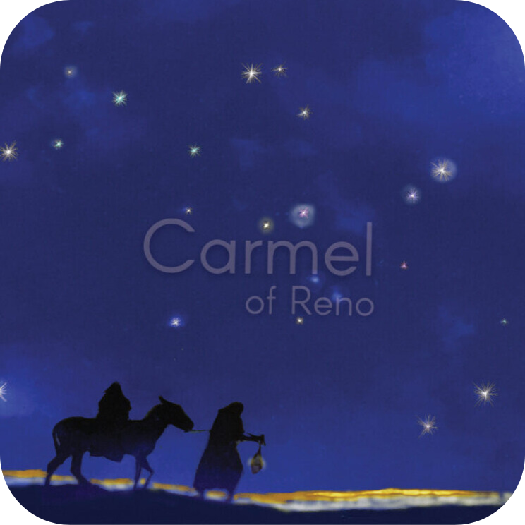 Painting of Mary, Joseph and camel in silhouette against a night sky 