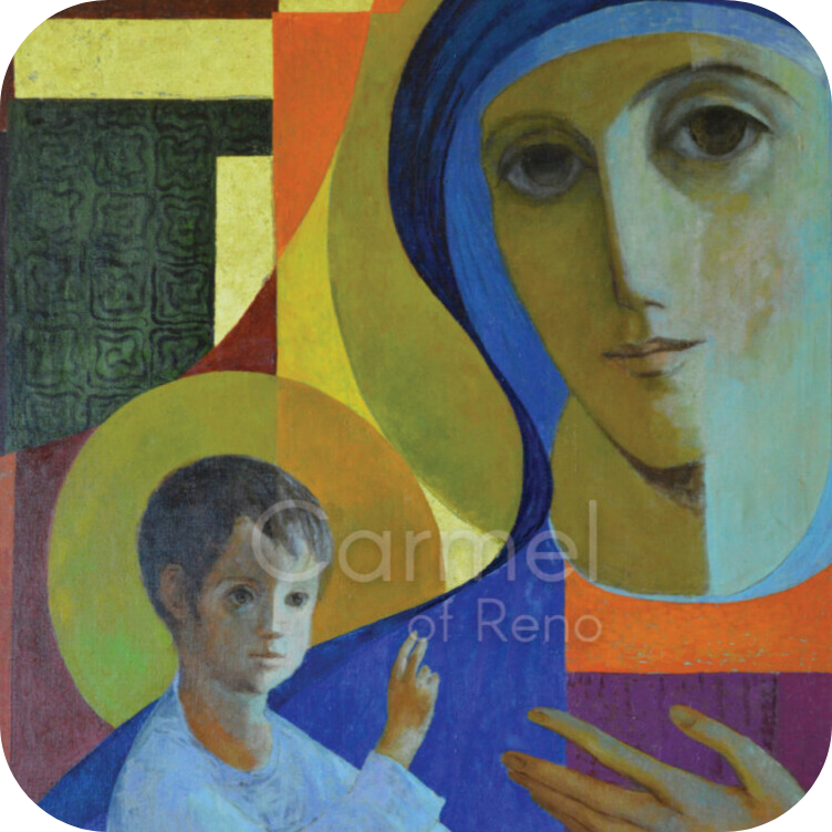 Angular painting of Madonna and baby Jesus with halo