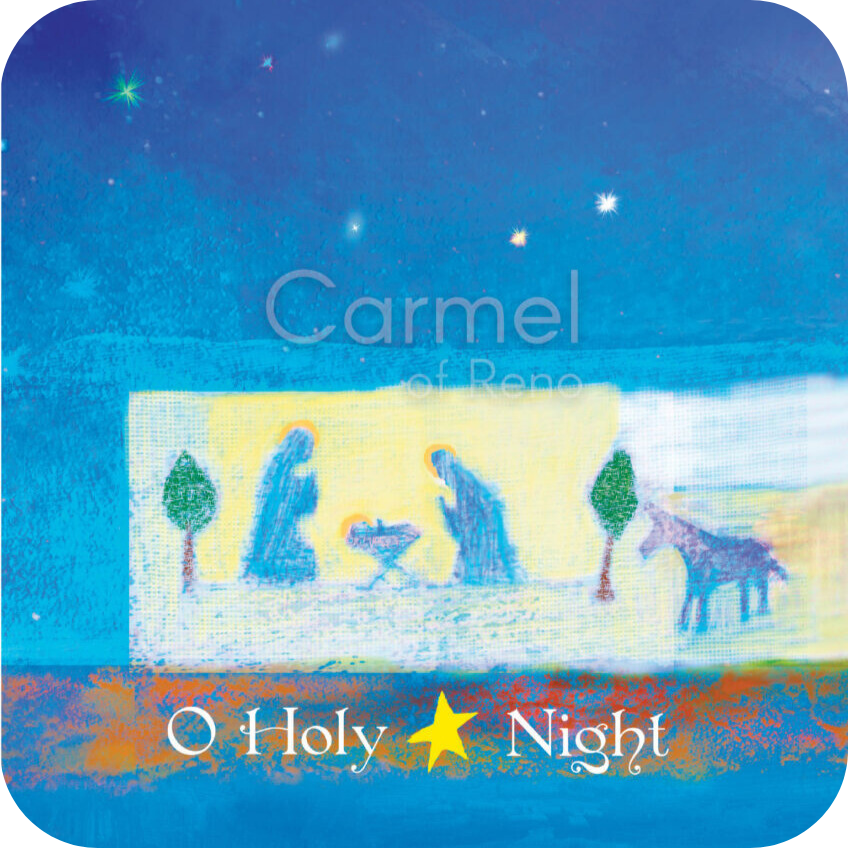 Painting of Mary and Joseph kneeling by the manger with the words O Holy Night below.
