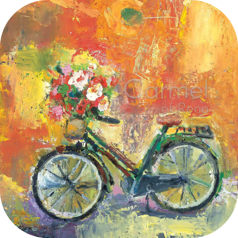 bicycle with basket full of flowers and orange background